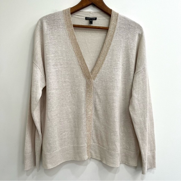 Eileen Fisher Organic Linen V-neck Cardigan Bone Sparkle Trim Size Large $248 - Picture 1 of 11